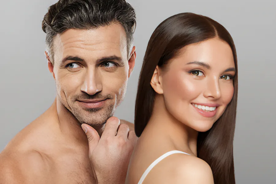 Aesthetics-Cosmetics-Doctor A handsome man and beautiful brunette woman stand against a gray background showing their smooth beautiful skin resulting from aesthetic and cosmetic care from Delara Tavakoli, M.D. of Tavicare in Chevy Chase.