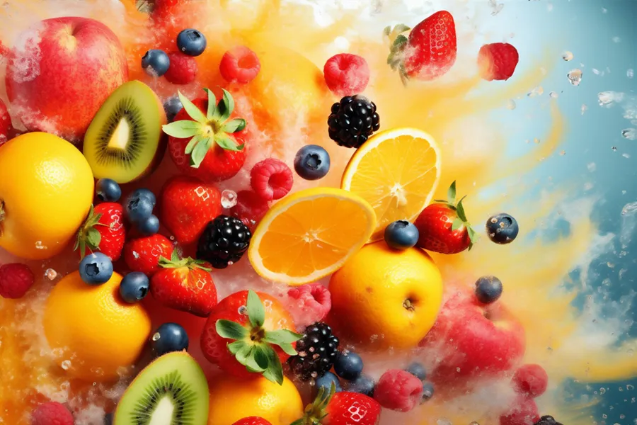 Antioxidant-IV-Drip-Doctor 3D illustration of fruits and juices bursting with nutrition. Get antioxidant IV therapy from Delara Tavakoli, M.D. of Tavicare in Chevy Chase.