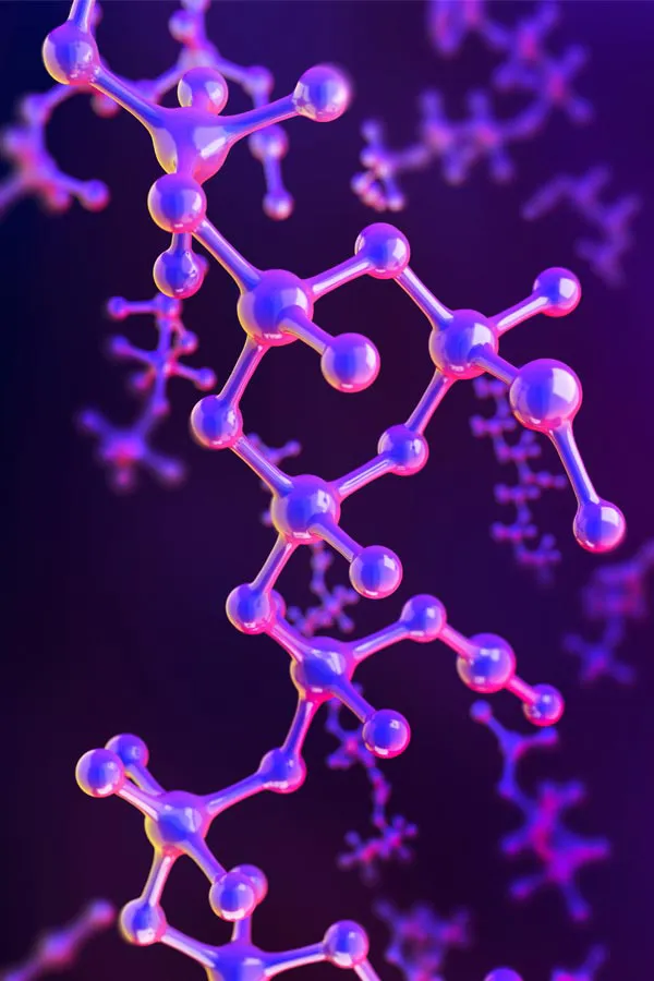 Hormone-Pellet-Treatment A 3D illustration of molecules in purple hues, representing hormone pellet treatments from Delara Tavakoli, M.D. of Tavicare in Chevy Chase.