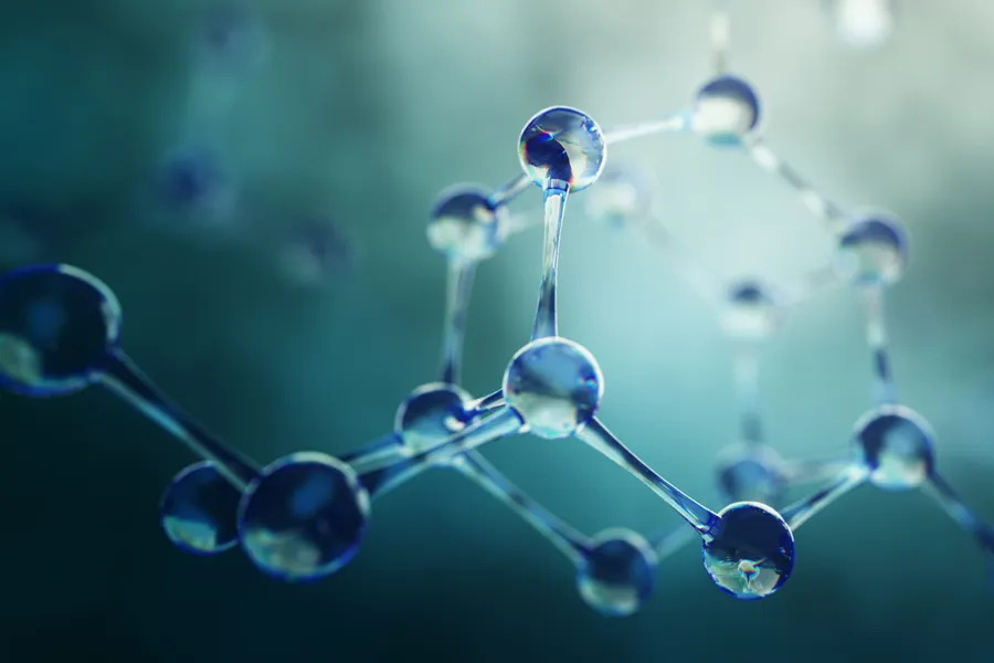 Ozone-Therapy-Clinic A 3D illustration of molecules in blue and green tones. Get ozone therapy from Delara Tavakoli, M.D. of Tavicare in Chevy Chase.